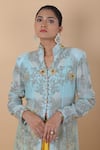 Shop_Anamika Khanna_Blue Chanderi Embroidered Floral Cape Band Collar Long Skirt Set 