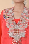 Buy_Anamika Khanna_Coral Embroidered Top V Neck Skirt Set 