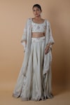 Buy_Anamika Khanna_White Embroidered Floral Scoop Neck Cape Lehenga Set _at_Aza_Fashions