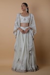 Shop_Anamika Khanna_White Embroidered Floral Scoop Neck Cape Lehenga Set 