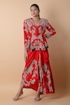 Buy_Anamika Khanna_Red Embroidered Floral V Neck Resham Top And Skirt Set _at_Aza_Fashions