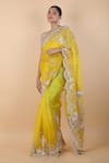 Buy_Anamika Khanna_Yellow Organza Embroidery Floral Flower Vine Saree With Unstitched Blouse Piece _Online_at_Aza_Fashions