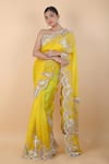 Shop_Anamika Khanna_Yellow Organza Embroidery Floral Flower Vine Saree With Unstitched Blouse Piece _Online_at_Aza_Fashions