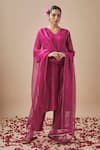 Buy_Cupid Cotton_Magenta Chanderi Silk Embroidery Pitta V Neck Straight Kurta With Pant _at_Aza_Fashions