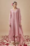 Buy_Cupid Cotton_Pink Chanderi Silk Embroidery Pitta V Neck Yoke Kurta With Pant _at_Aza_Fashions