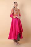 Debyani + Co_Magenta Embroidery Mirror Round Neck Floral Anarkali With Pant_Online_at_Aza_Fashions
