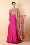 Debyani + Co_Magenta Printed Floral Round Anarkali With Dupatta _Online_at_Aza_Fashions