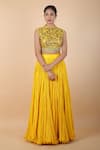 Debyani + Co_Yellow Embroidered Floral High Neck Sequin Blouse Lehenga Set _at_Aza_Fashions