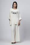 Shop_Kushani_Ivory Cotton Linen Embroidery Bird Bliss Applique Kaftan Top With Palazzo Pant _at_Aza_Fashions