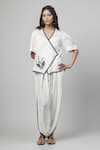 Buy_Kushani_White Cotton Silk Embroidery Plume V Neck Applique Wrap Top With Tulip Pant _at_Aza_Fashions