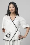 Buy_Kushani_White Cotton Silk Embroidery Plume V Neck Applique Wrap Top With Tulip Pant _Online_at_Aza_Fashions