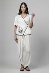 Kushani_White Cotton Silk Embroidery Plume V Neck Applique Wrap Top With Tulip Pant _at_Aza_Fashions