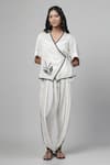 Buy_Kushani_White Cotton Silk Embroidery Plume V Neck Applique Wrap Top With Tulip Pant 