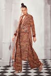 Nikita Mhaisalkar_Orange Sheeted Pure Georgette Printed Byzantine Lapel Collar Trench Coat _at_Aza_Fashions