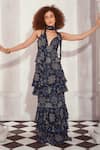 Buy_Nikita Mhaisalkar_Blue Sequins Georgette Printed Mosaic Deep V Neck Maxi Dress With Scarf _at_Aza_Fashions