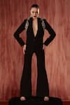 Nikita Mhaisalkar_Black Luxe Suiting Hand Embroidered Jeweled Bell Bottom Pant Set With Jacket _Online_at_Aza_Fashions