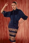 Buy_Nikita Mhaisalkar_Blue Silk Satin Embroidered High Tie-up Neck Cuffs Bow Tie Top _Online_at_Aza_Fashions