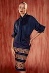 Shop_Nikita Mhaisalkar_Blue Faux Suede Embroidered Tile Thread Pencil Skirt _Online_at_Aza_Fashions