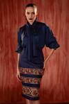 Nikita Mhaisalkar_Blue Faux Suede Embroidered Tile Thread Pencil Skirt _at_Aza_Fashions