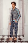 Nikita Mhaisalkar_Blue Sheeted Georgette Printed Mosaic Bomber Jacket _Online_at_Aza_Fashions