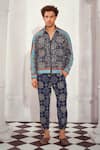 Shop_Nikita Mhaisalkar_Blue Sheeted Georgette Printed Mosaic Bomber Jacket _Online_at_Aza_Fashions