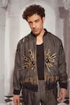 Buy_Nikita Mhaisalkar_Grey Tweed Embroidery Baroque Bomber Jacket _at_Aza_Fashions