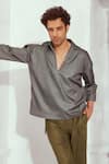 Buy_Nikita Mhaisalkar_Grey Tweed Woven Chevron Satin Cropped Shirt _at_Aza_Fashions