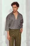Shop_Nikita Mhaisalkar_Grey Tweed Woven Chevron Satin Cropped Shirt _at_Aza_Fashions
