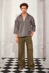 Nikita Mhaisalkar_Grey Tweed Woven Chevron Satin Cropped Shirt _Online_at_Aza_Fashions