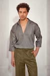 Shop_Nikita Mhaisalkar_Grey Tweed Woven Chevron Satin Cropped Shirt _Online_at_Aza_Fashions