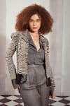 Buy_Nikita Mhaisalkar_Black Pure Georgette Embellished Bead Lapel Checkered Print Jacket _at_Aza_Fashions