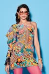 Esha L Amin_Multi Color Viscose Crepe Print Abstract Aztec Asymmetric One Shoulder Dress _Online_at_Aza_Fashions