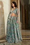 Buy_Esha L Amin_Green Net Embroidered Sequin Plunge V Lehenga Set _at_Aza_Fashions