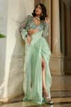 Buy_Esha L Amin_Green Organza Embroidered Sequin Plunge Solid Slit Pre-draped Saree With Blouse _at_Aza_Fashions