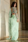 Shop_Esha L Amin_Green Organza Embroidered Solid Slit Pre-draped Saree With Blouse _at_Aza_Fashions