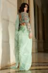 Shop_Esha L Amin_Green Organza Embroidered Sequin Plunge Solid Slit Pre-draped Saree With Blouse _at_Aza_Fashions