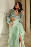 Buy_Esha L Amin_Green Organza Embroidered Sequin Plunge Solid Slit Pre-draped Saree With Blouse _Online_at_Aza_Fashions