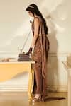 Esha L Amin_Brown Crepe Embroidered Pearl Detailed Pre-draped Saree With Corset _Online_at_Aza_Fashions