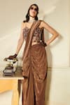 Buy_Esha L Amin_Brown Crepe Embroidered Pearl Detailed Pre-draped Saree With Corset _Online_at_Aza_Fashions