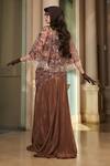Shop_Esha L Amin_Brown Crepe Embroidered Sequin Corset High Slit Skirt Set With Cape _at_Aza_Fashions