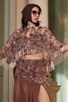 Esha L Amin_Brown Crepe Embroidered Sequin Corset High Slit Skirt Set With Cape _Online_at_Aza_Fashions