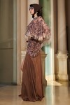 Shop_Esha L Amin_Brown Crepe Embroidered Sequin Corset High Slit Skirt Set With Cape _Online_at_Aza_Fashions