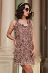 Esha L Amin_Brown Net Embroidered Sequin Round Floral Shift Short Dress _Online_at_Aza_Fashions