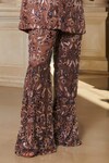 Buy_Esha L Amin_Brown Net Embroidered Sequin Inner Plunge Floral Blazer Pant Set _Online_at_Aza_Fashions