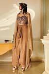 Buy_Esha L Amin_Brown Net Embellished Bead Cape Open Floral Corset Set _at_Aza_Fashions