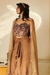 Buy_Esha L Amin_Brown Net Embellished Bead Cape Open Floral Corset Set _Online_at_Aza_Fashions