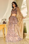 Esha L Amin_Brown Blouse And Lehenga Net Embellished Bead V-neck Floral Set _Online_at_Aza_Fashions