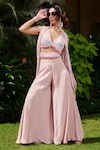 Buy_Esha L Amin_Pink Georgette Embellished Flower Threadwork Side Flared Pant Set _at_Aza_Fashions