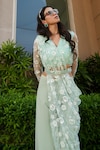 Esha L Amin_Green Georgette Embellished Sequin Cape Open Floral Flared Pant Set _Online_at_Aza_Fashions