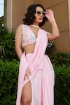 Esha L Amin_Pink Satin Embellished Pearl Pre-draped Saree With Threadwork Blouse _Online_at_Aza_Fashions